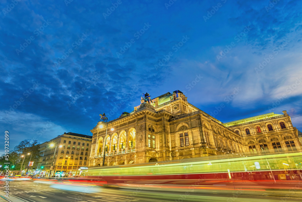 Vienna Austria night city skyline at Vienna State Opera