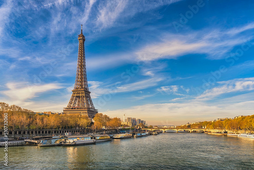 Paris France city skyline at Eiffel Tower and Seine River Jena Bridge