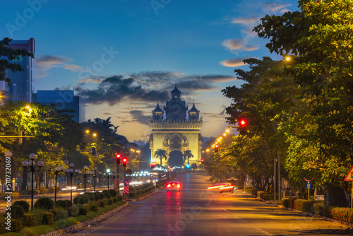 Tableau sur toile Vientiane Laos, sunrise city skyline at Patuxai (Patuxay) the most famous landma