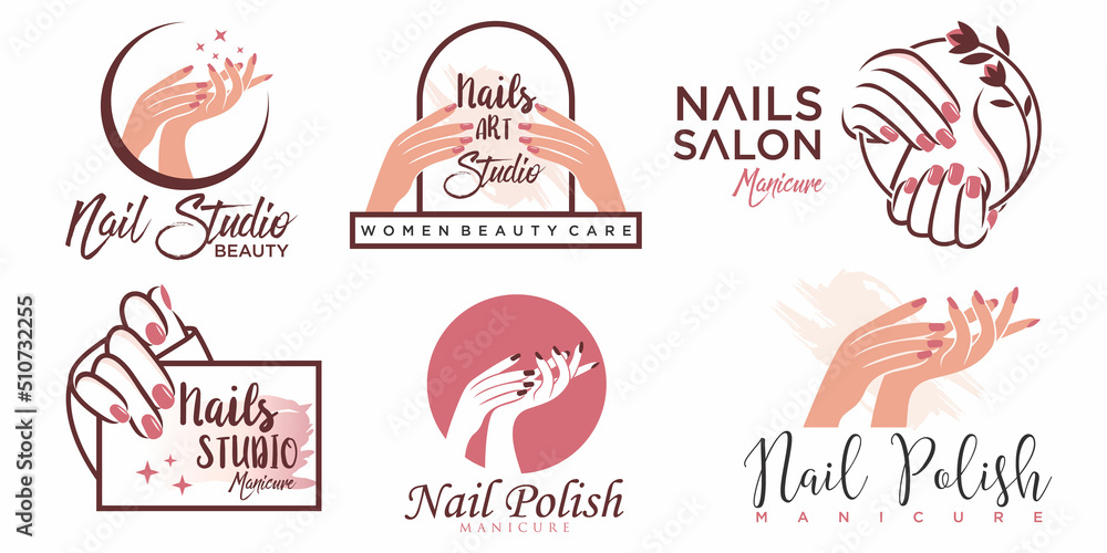 Nails polish or nails salon icon set logo design manicure nails polish and female finger