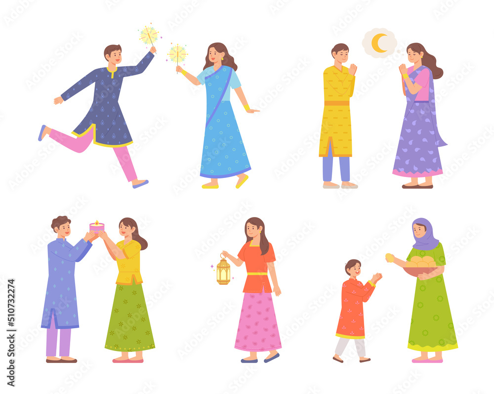 Lots of people enjoying Diwali festival and people praying and sharing food. flat design style vector illustration.