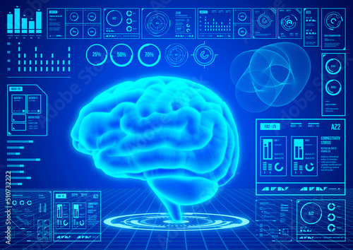 Hud UI brain function analysis interface. Futuristic Diagnostic Scanner app screen