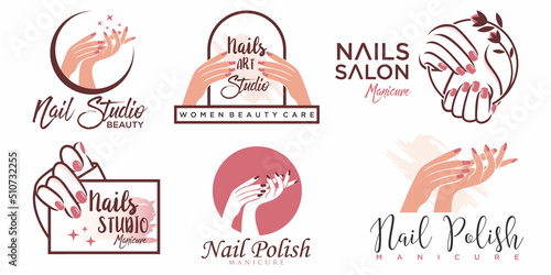 Nails polish or nails salon icon set logo design manicure nails polish and female finger logotype