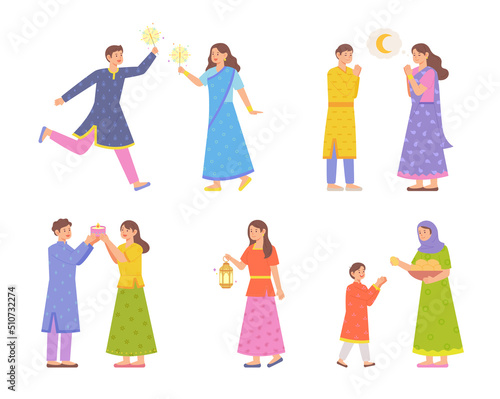 Lots of people enjoying Diwali festival and people praying and sharing food. flat design style vector illustration. © MINIWIDE