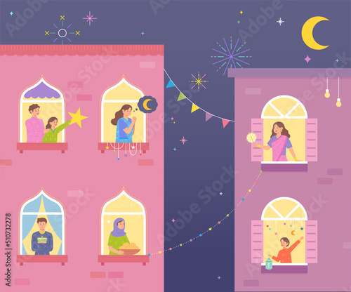 You can see the neighbors of the two apartments enjoying the festival through the window. flat design style vector illustration.