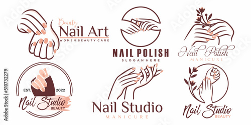 Nail polish or nail salon icon set logo design manicure nail polish and female finger logotype