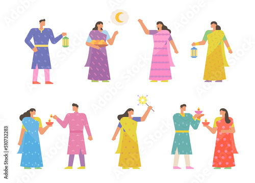 Many people enjoying Diwali festival. decoration source. flat design style vector illustration.