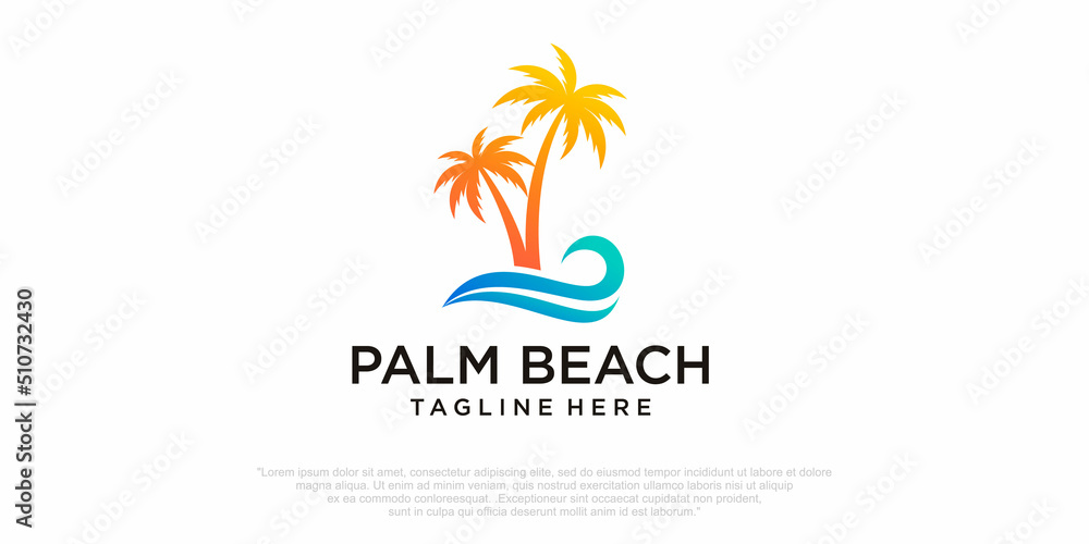 palm tree with beach and island logo design