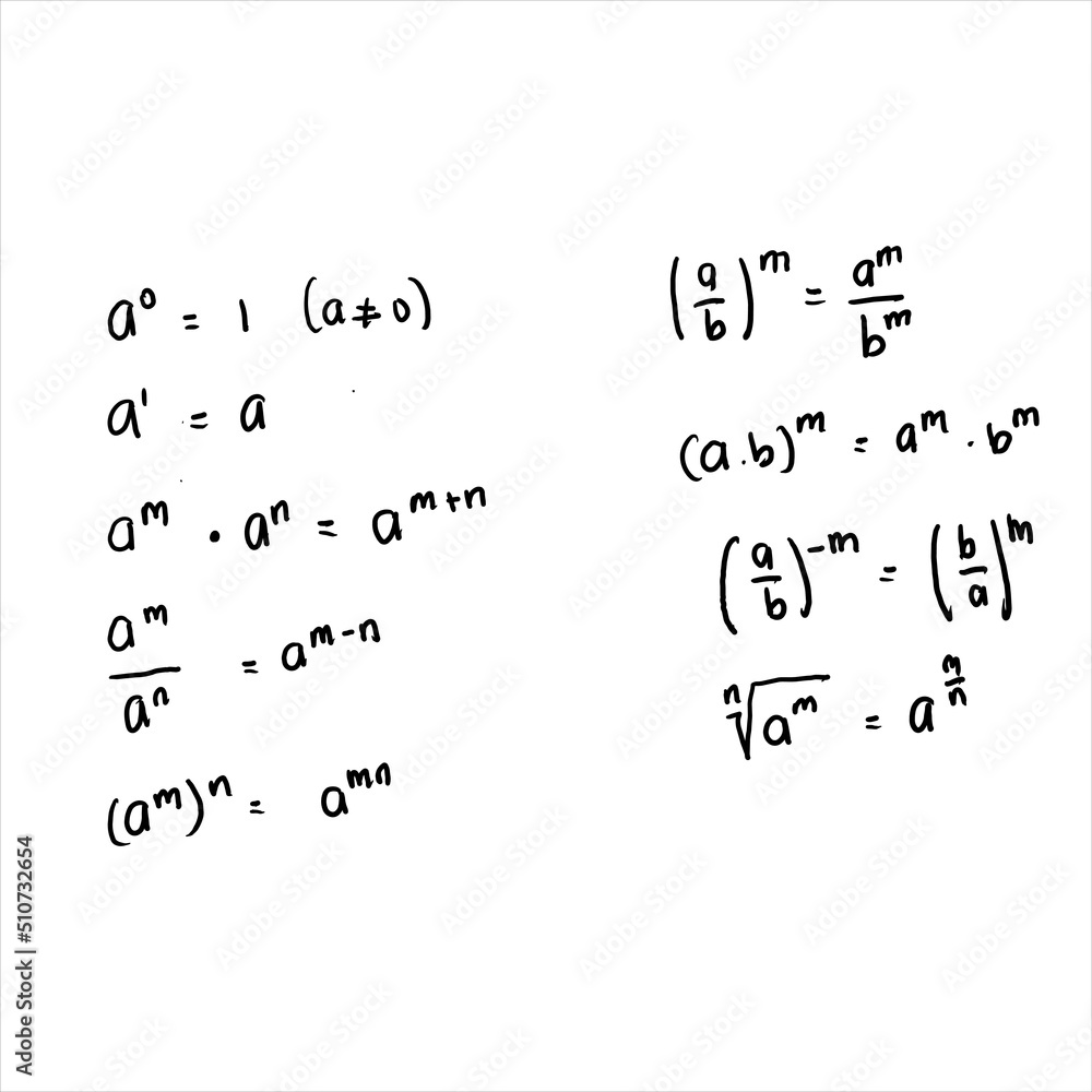The properties of power numbers. Solution scheme. Algebra. Education, math classes, school programs. higher math text. Grouped and isolated on white. Vector illustration The properties of power numbers. Solution scheme. Algebra. Education, math classes, school programs. higher math text. Grouped and isolated on white. Vector illustration