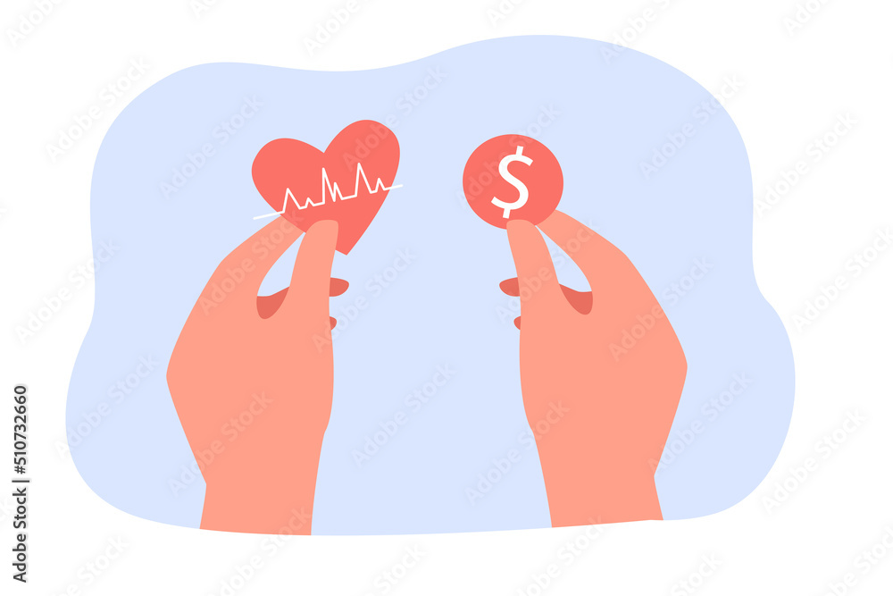 Heart with heartbeat and dollar sign in human hands. Healthcare costs flat vector illustration. Finance, investment, health insurance concept for banner, website design or landing web page Heart with heartbeat and dollar sign in human hands. Healthcare costs flat vector illustration. Finance, investment, health insurance concept for banner, website design or landing web page
