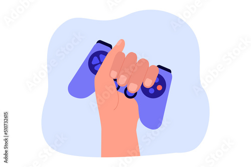 Joypad or gamepad in human hands flat vector illustration. Man playing console or online video games. Entertainment, gaming, competition concept for banner, website design or landing web page