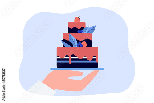 Cake on tray in hands of pastry chef flat vector illustration. Confectioner making festive three-tiered cake with berries. Bakery, occupation concept for banner, website design or landing web page