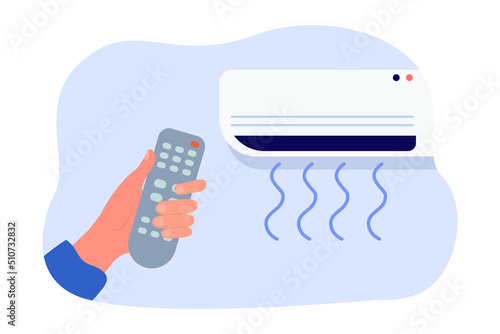 Air conditioning remote control in hand flat vector illustration. Heat, power, climate, weather, electricity, device, temperature concept for banner, website design or landing web page