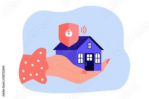 Little house with security system sign on human hand. Protection against break-ins and crashes flat vector illustration. Alarm, control, guard concept for banner, website design or landing web page