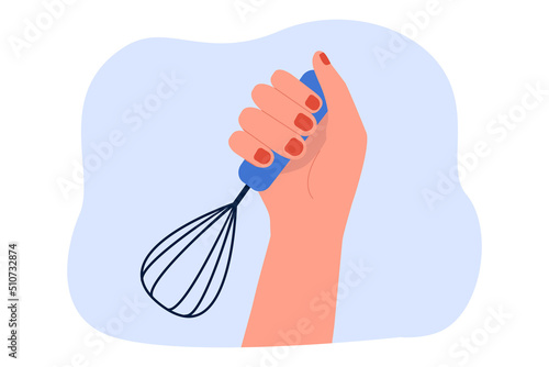 Whisk in human hands flat vector illustration. Woman making food, using tool for mixing ingredients. Kitchenware, kitchen utensils, bakery concept for banner, website design or landing web page