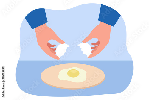 Human hands breaking egg flat vector illustration. Man cooking scrambled eggs or making dough. Cooking, bakery, food, preparation concept for banner, website design or landing web page