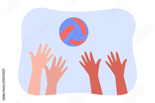 Multi-ethnic people playing ball flat vector illustration. Hands catching or throwing ball. Sport, togetherness, community, entertainment concept for banner, website design or landing web page