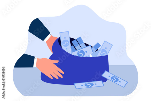 Open bag full of money flat vector illustration. Rich man holding dollar banknotes. Finance, wealth, savings, business, banking concept for banner, website design or landing web page