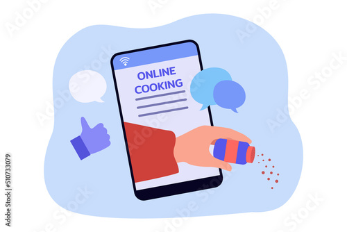 Online cooking app on phone screen flat vector illustration. Man preparing dish and using mobile. Education, course, lesson, internet concept for banner, website design or landing web page