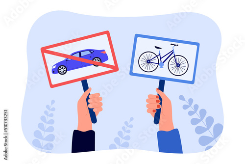 Road signs in human hands flat vector illustration. Sign prohibiting passage of cars and bicycle sign. Vehicle, transportation, information concept for banner, website design or landing web page