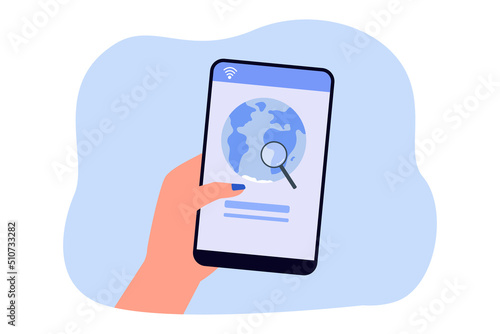 Magnifier and planet on phone screen flat vector illustration. Person searching information on internet. Exploration, world, science concept for banner, website design or landing web page