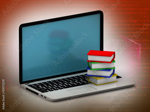 3d illustration laptop and books with digital background