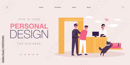 Scene of criminal arrest by police officer with dog at airport. Scared people on baggage checkpoint flat vector illustration. Security, crime concept for banner, website design or landing web page