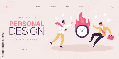 Tiny office workers in panic because of burning clock. Male characters organizing work flat vector illustration. Procrastination  deadline concept for banner  website design or landing web page