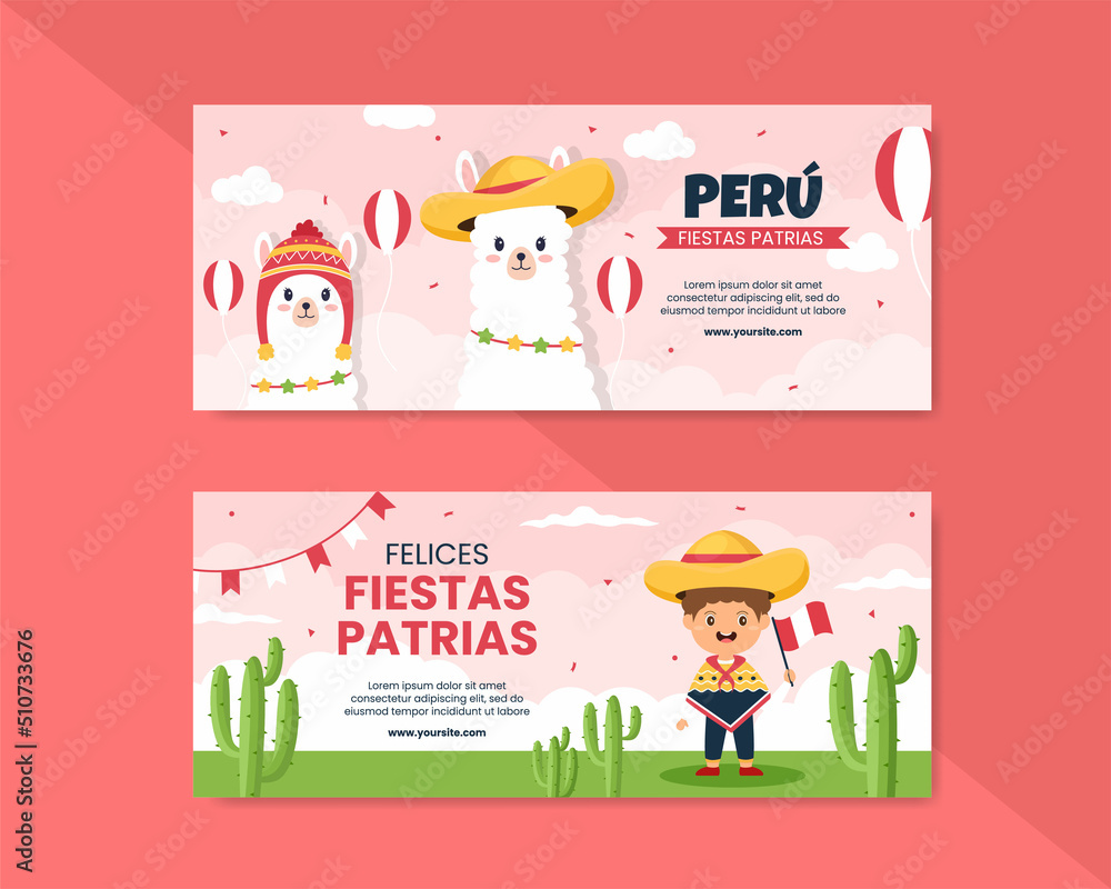 Fiestas Patrias Peru Horizontal Banner Template Social Media Flat Cartoon Background Vector Illustration