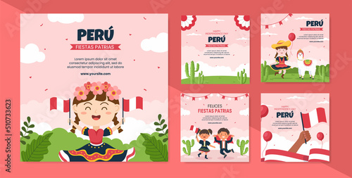 Fiestas Patrias Peru Post Template Social Media Flat Cartoon Background Vector Illustration