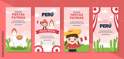 Fiestas Patrias Peru Stories Template Social Media Flat Cartoon Background Vector Illustration
