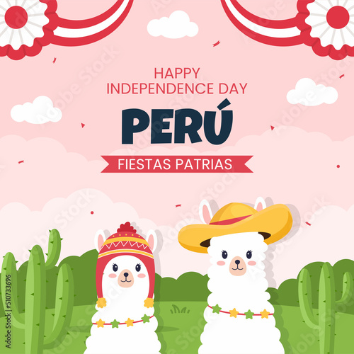 iestas Patrias Peru Post Template Social Media Flat Cartoon Background Vector Illustration