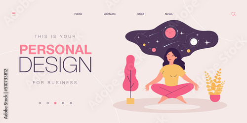 Woman floating in zen yoga pose. Happy person meditating with calm universe above head flat vector illustration. Harmony, balance, concentration concept for banner, website design or landing web page