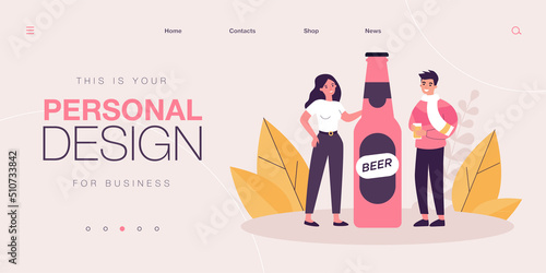 Tiny young people standing near beer glass bottle. Happy adult person drinking cold alcohol from cup flat vector illustration. Brewery, bar concept for banner, website design or landing web page