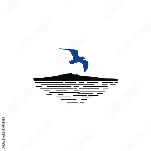 Mountain bird peak hill and lake, sea, beach, sunset island logo design illustration