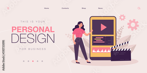 Woman with control sound app on mobile phone screen. Person recording voice or streaming flat vector illustration. Audio record, software concept for banner, website design or landing web page