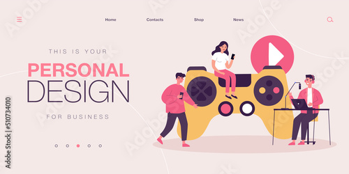 Tiny gamers playing online games. People gaming with console, smartphone or laptop flat vector illustration. Cross platform, gamification concept for banner, website design or landing web page