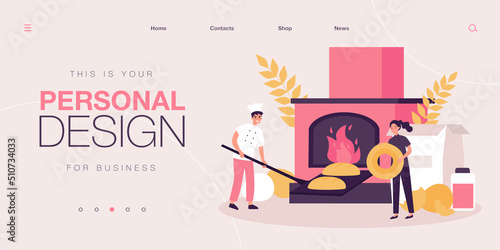 Tiny bakers baking bread and baked goods. Man putting loaves on shovel into oven, woman holding roll flat vector illustration. Bakery, production concept for banner, website design or landing web page