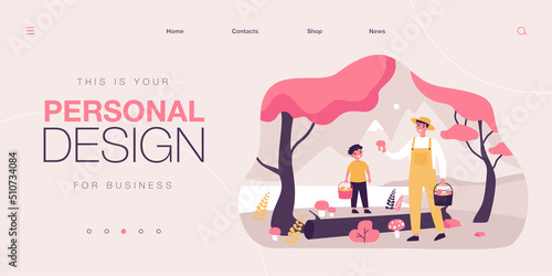 People picking eatable wild mushrooms in forest or park. Man and boy holding baskets flat vector illustration. Fun activity, environment concept for banner, website design or landing web page