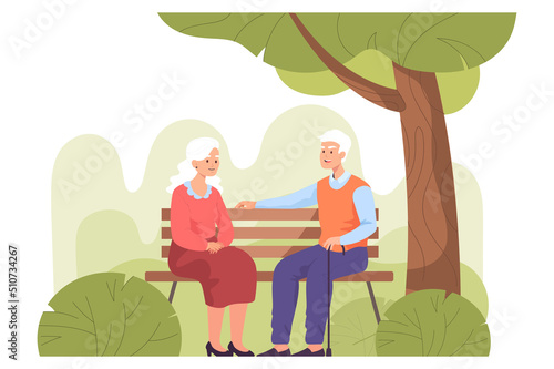 Old cartoon man and woman sitting on bench in city park. Happy senior or elderly couple sitting under tree together flat vector illustration. Summer, love, recreation concept for banner, landing page