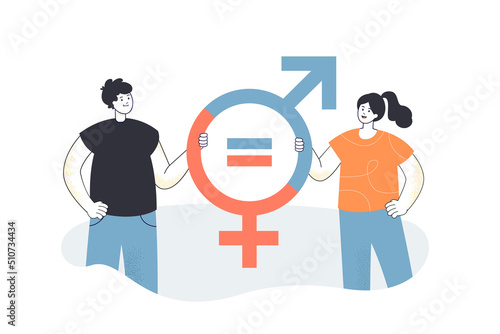 Woman and man holding gender equal signs together. Equality and balance between male and female characters flat vector illustration. Parity concept for banner, website design or landing web page