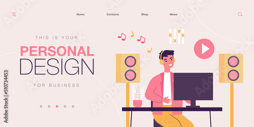 Young man in headphones listening music. Person sitting at desk with computer and loudspeakers flat vector illustration. Audio, radio technology concept for banner, website design or landing web page