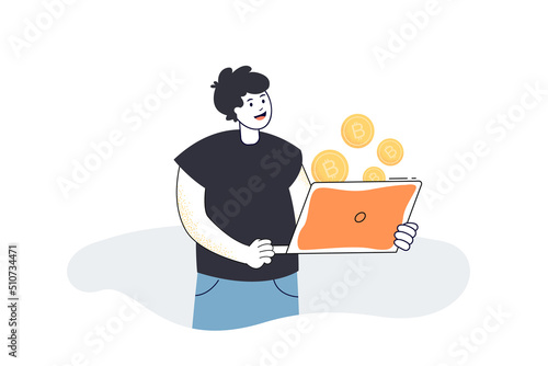 Happy investor holding laptop with flying gold coins. Man earning bitcoins flat vector illustration. Cryptocurrency, mining, financial profit concept for banner, website design or landing web page