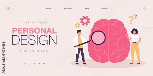 Tiny doctors studying human brain diseases. Male scientist holding magnifier for diagnostics flat vector illustration. Psychology, neurology concept for banner, website design or landing web page