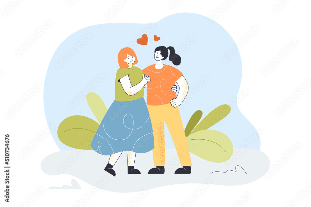 Lesbian couple standing together, looking happy. Female characters with love hearts over heads flat vector illustration. Romantic relationship concept for banner, website design or landing web page