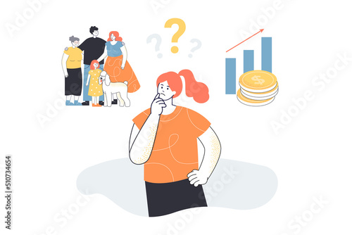 Woman choosing between family and success in work. Girl with dilemma and question marks above head flat vector illustration. Life choice concept for banner, website design or landing web page