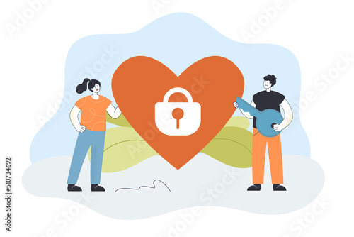Tiny man holding key unlocking padlock in heart of woman. Love compatibility of female and male characters flat vector illustration. Romance concept for banner, website design or landing web page