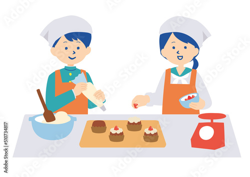 お菓子作りをする学生のイラスト
