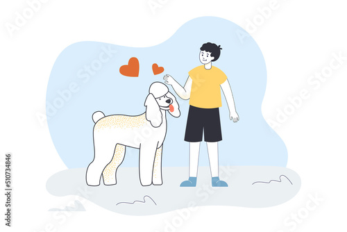 Boy and dog standing together with hearts above heads. Child adopting adorable poodle flat vector illustration. Love for domestic animals concept for banner, website design or landing web page