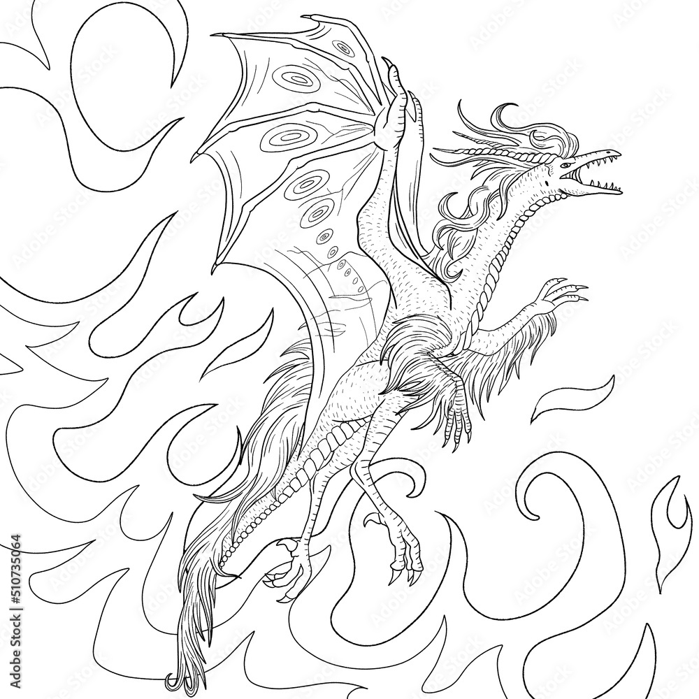 Fototapeta premium Black and white coloring page ink illustration of a dragon.